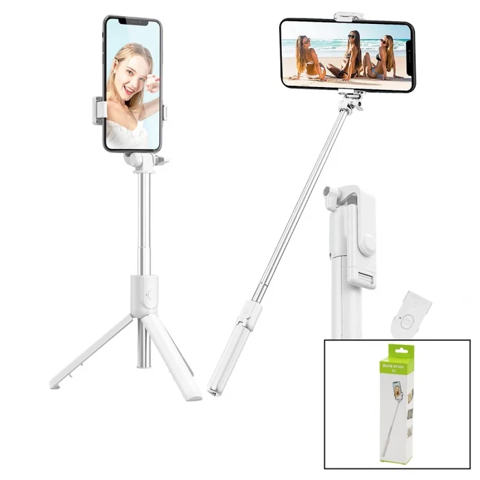 BEYAZ  SELFİ ÇUBUK - TRİPOD AYAKLI  57CM UZAYAN-KISALAN SAPLI + 10CM =67CM (5124)