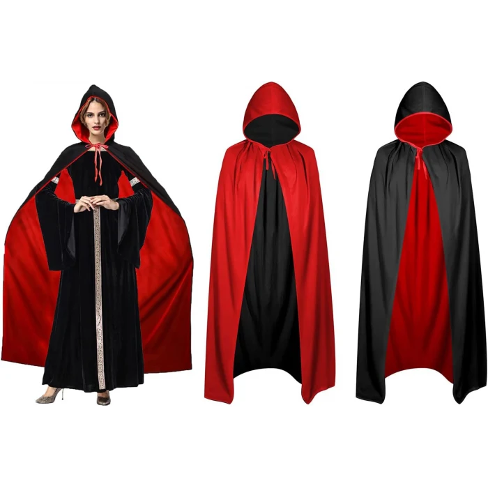 Çift Taraflı Kullanılabilir Siyah Kırmızı Kapişonlu Pelerin 140 cm Yetişkin (5124)