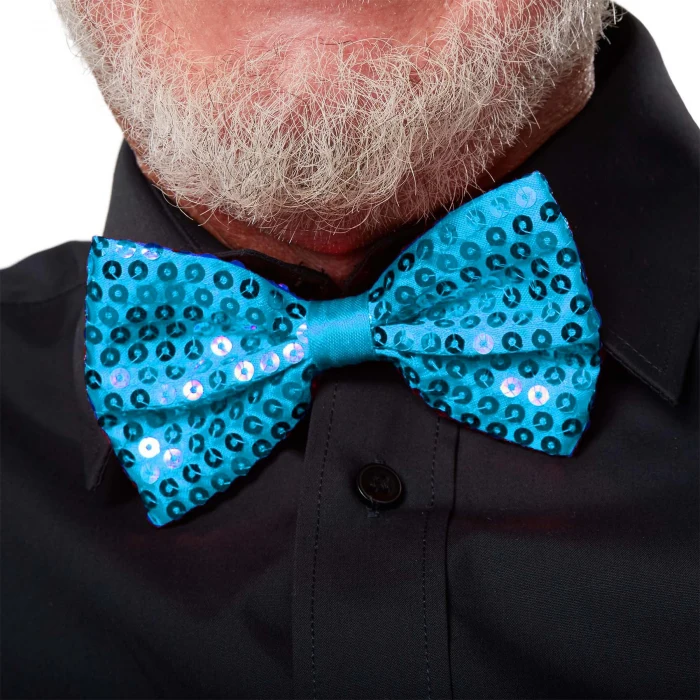 Gece Işıltısı Açık Mavi Turkuaz Payetli Pullu Papyon 7x2 cm (5124)