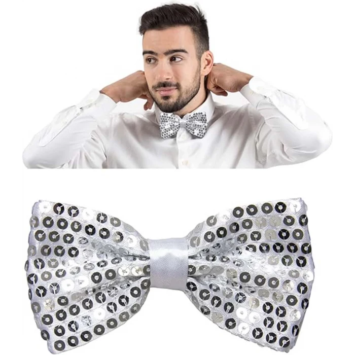 Gece Işıltısı Gümüş Payetli Pullu Papyon 7x2 cm (5124)