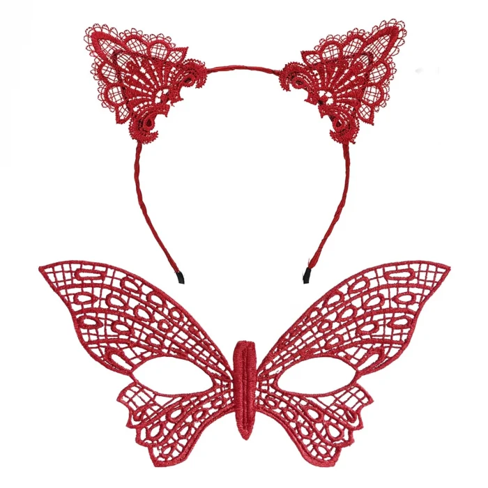 Gösterişli Kırmızı Dantel Maske ve Taç Seti 7 No – Masquerade ve Davetler için (5124)