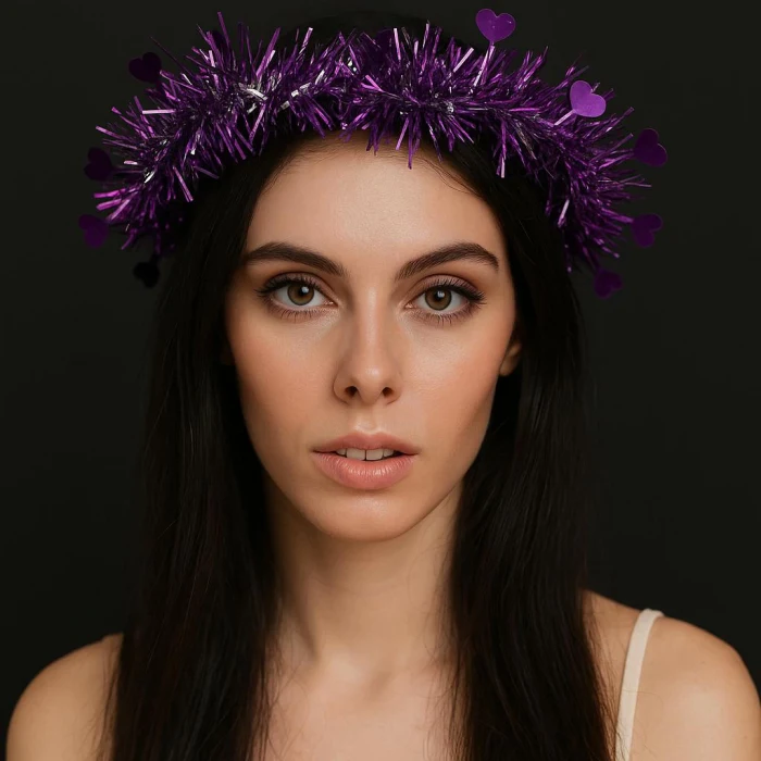 Kalp Püsküllü Gece Parıltısı 3 Modlu LED&apos;li Işıklı Taç Mor Renk (5124)