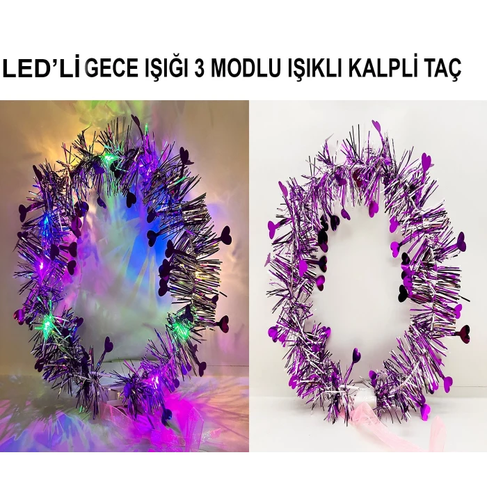 Kalp Püsküllü Gece Parıltısı 3 Modlu LED&apos;li Işıklı Taç Mor Renk (5124)