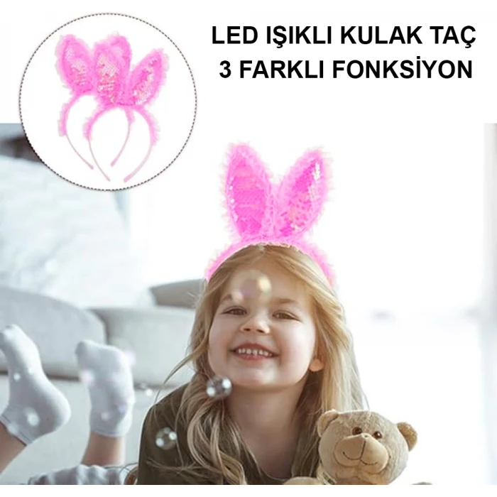 Kenarları Dantelli Fuşya Pullu Payetli Led Işıklı Tavşan Kulak Taç 23x19 cm (5124)