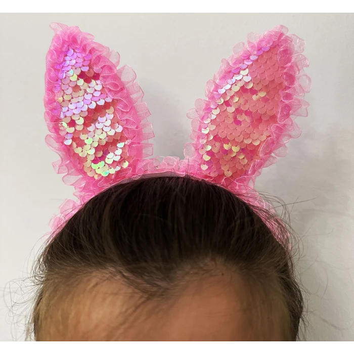 Kenarları Dantelli Pembe Pullu Payetli Led Işıklı Tavşan Kulak Taç 23x19 cm (5124)