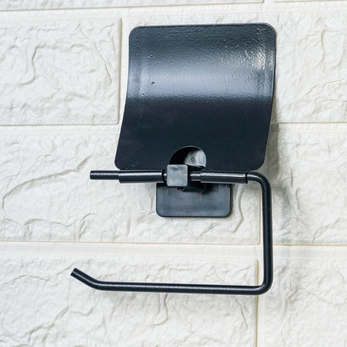 Kendiliğinden Yapışkanlı Siyah Paslanmaz Metal Kapaklı Tuvalet Kağıtlığı Aparatı (5124)