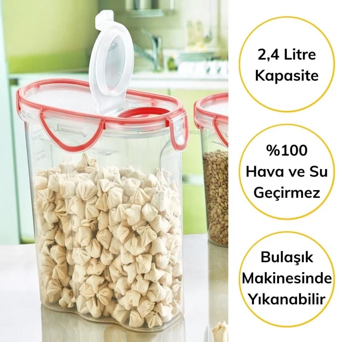 Kilitli Kapaklı Contalı Hava,Su Sıvı Geçirmez 2,4 Litre Erzak Saklama Kabı-SA590 (5124)