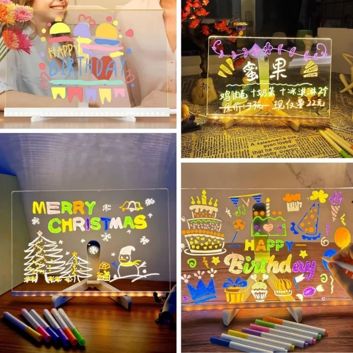 LED Işıklı Kendiliğinden Renkli Fosforlu Kalemli Dikdörtgen Yazı Panosu 20x30 cm (5124)