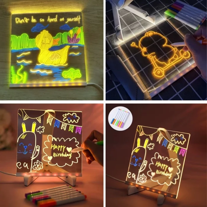 LED Işıklı Kendiliğinden Renkli Fosforlu Kalemli Kare Yazı Panosu 20x20 cm (5124)