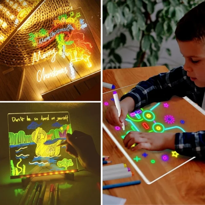 LED Işıklı Kendiliğinden Renkli Fosforlu Kalemli Kare Yazı Panosu 20x20 cm (5124)