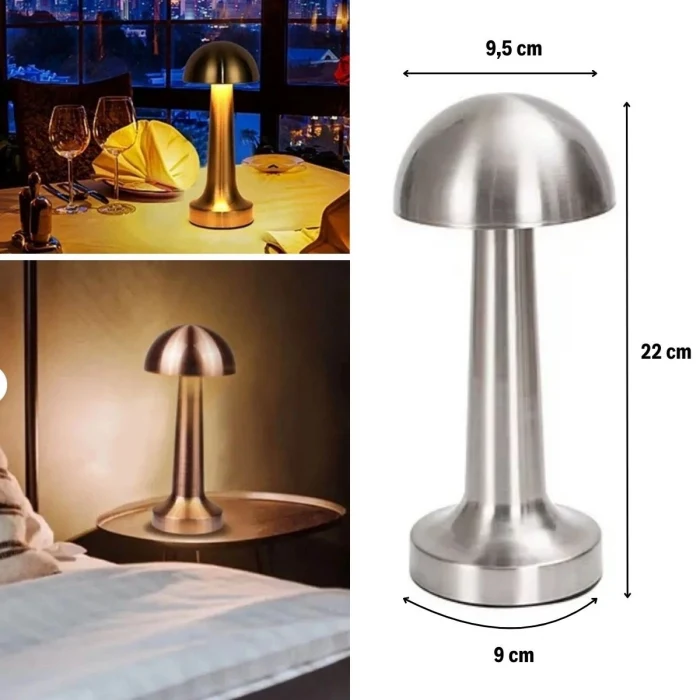 Mantar Model Silver Renk Şarjlı Dokunmatik 3 Renkli LED Masa Lambası (5124)