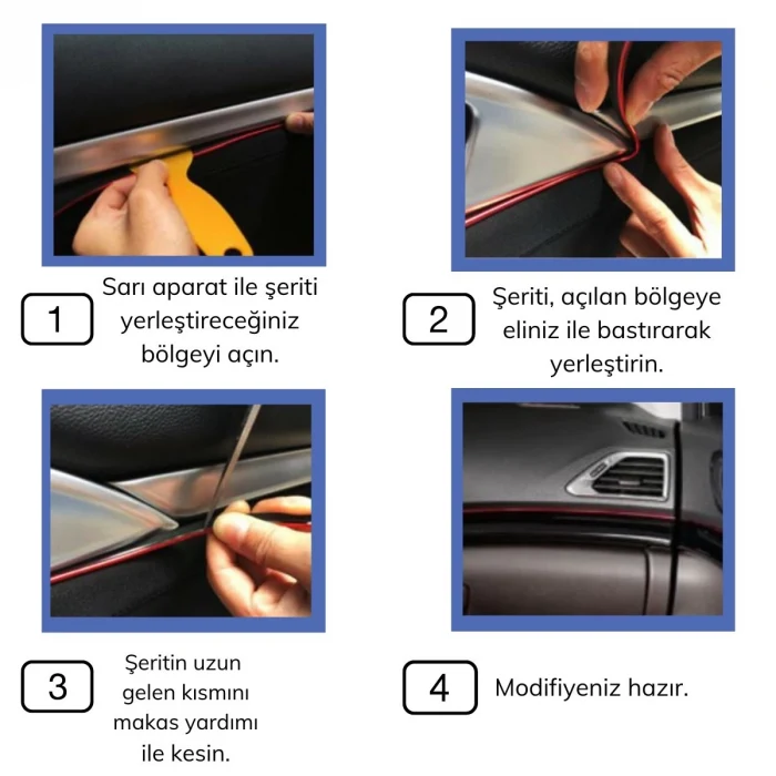 Mavi Araba Oto Trim Dekorasyon Şeridi Kauçuk Elastik Kolay Kurulum 5 metre Şerit Bant (5124)