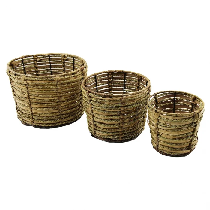 METAL İSKELETLİ 3 BOY YUVARLAK HASIR ORGANİZER SEPET Ç: 14-19-25CM - Y: 14-16-18CM (5124)