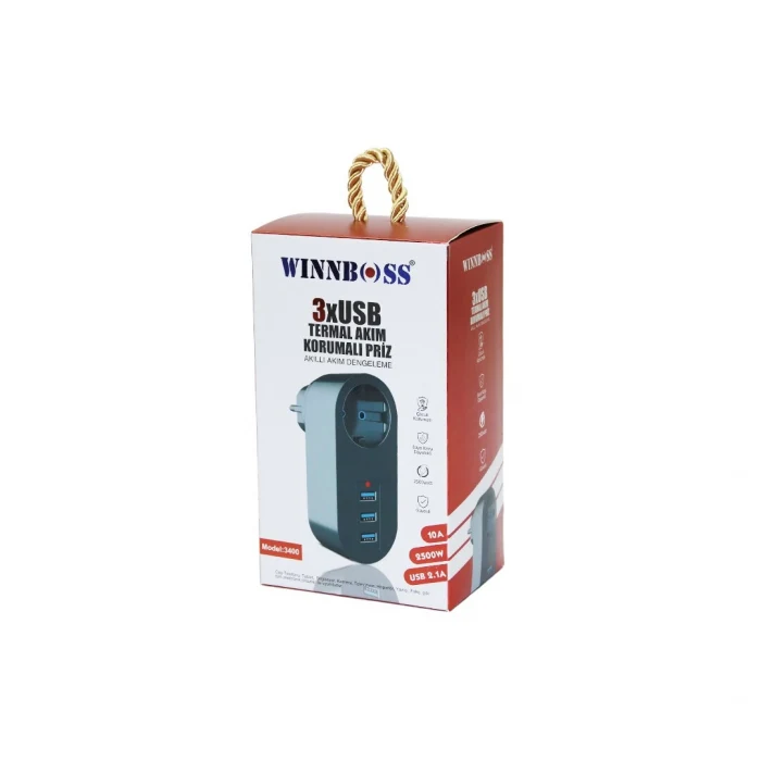 SİYAH TERMAL AKIM KORUMALI  1XPRİZ 3XUSB DUVAR TİPİ PRİZ 10A - 2500W (5124)