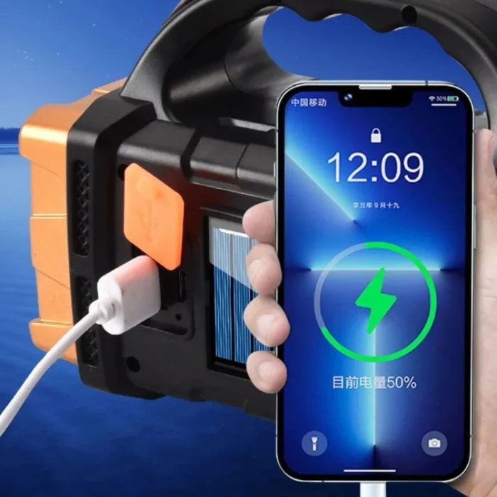 Solar ve USB Şarjlı LED + COB El Feneri | 1500 mAh Şarjlı Taşınabilir Çalışma Işığı–Su Geçirmez (5124)