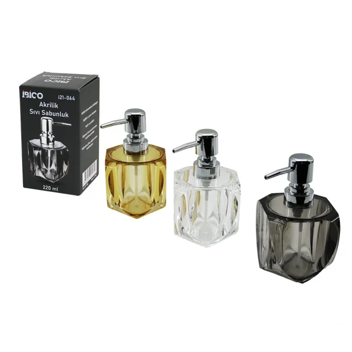TOMBUL KARE - 4-KALPLİ GÖVDE  ŞEFFAF - RENKLİ   AKRİLİK - MİKA KRİSTAL  SIVI SABUNLUK  220ML (5124)