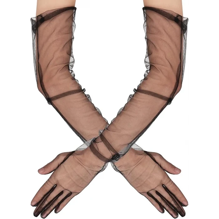 Uzun Boy Likralı Siyah Renk Yetişkin Mega Tül Eldiven 53 cm (5124)