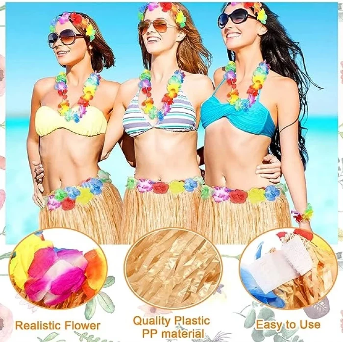 Yetişkin ve Çocuk Uyumlu Saman Renk Hawaii Luau Hula Etek 40 cm 12 Adet (5124)