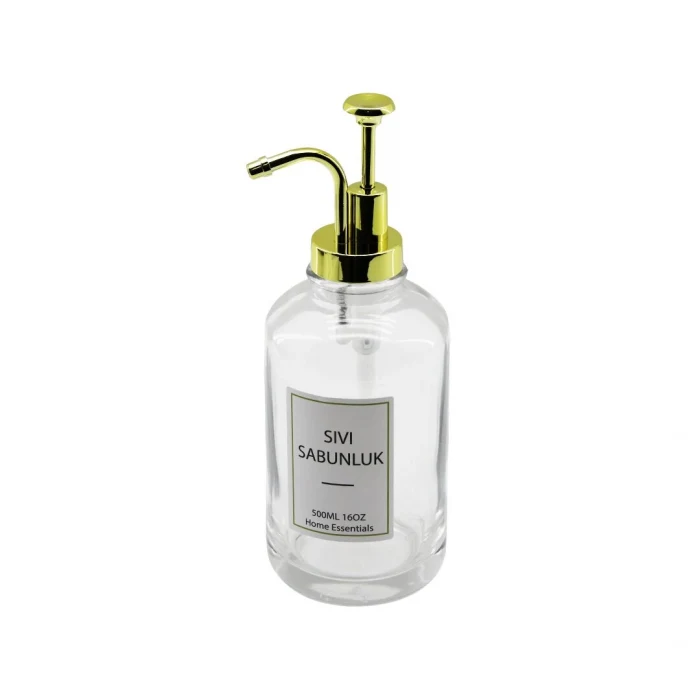 YUVARLAK CAM ŞİŞE - ŞEFFAFSIVI SABUNLUK 500ML POMPA - MUSLUK AYRIK MODEL BAŞLI (5124)