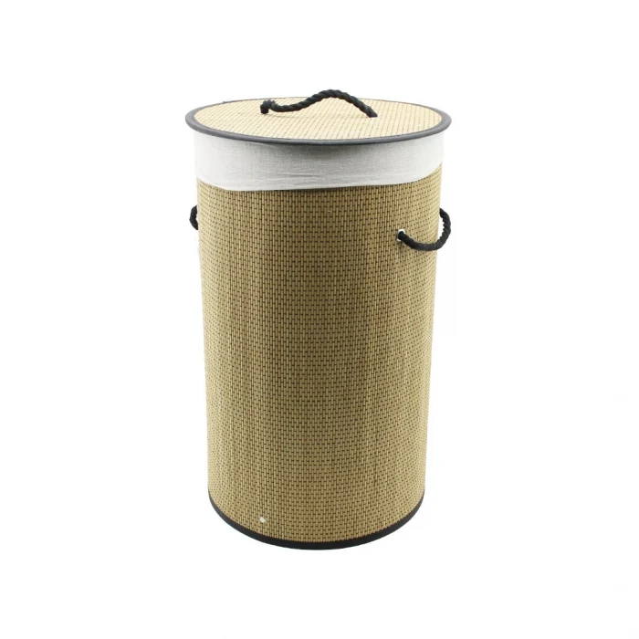 YUVARLAK HASIR - AHŞAP KİRLİ ÇAMAŞIR SEPETİ 37X60CM SEYYAR KAPAKLI İÇİ BEZLİ İP KULPLU (5124)