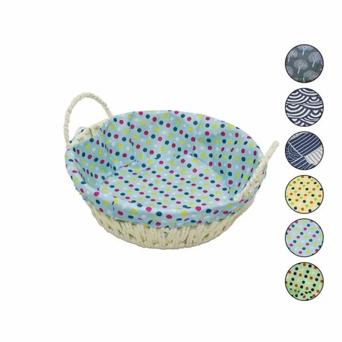 YUVARLAK RENKLİ BEZLİ HASIR EKMEK SEPETİ TABAN:18CM - AĞIZ:24CM - DERİNLİK:8CM (5124)