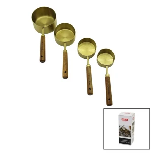 4PCS  GOLD METAL ÖLÇÜ KAŞIK SET OTANTİK AĞAÇ KULP 1CUP: 250ML - 1/2 CUP: 125ML - 1/3 CUP: 80ML - 1/4 CUP: 60ML (5124)