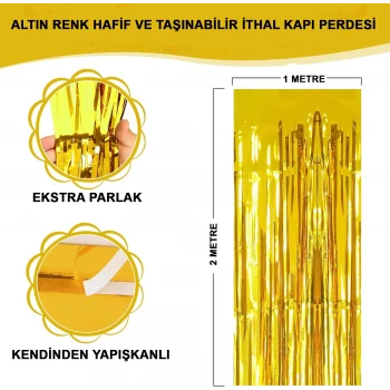 Altın Gold Renk Ekstra Metalize Parlak Saçaklı Arka Fon Perde İthal A Kalite 1x2 Metre (5124)