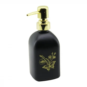 CAM KARE - SİYAH ŞİŞE--SARI KELEBEK-ÇiÇEK DESEN SIVI SABUNLUK 400ML GOLD PLASTİK POMPA (5124)
