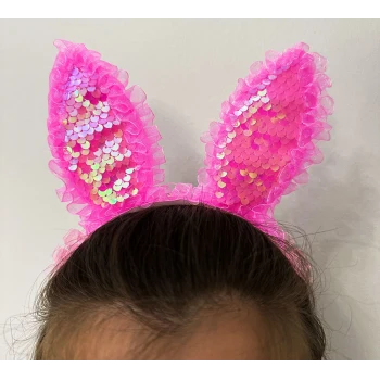 Kenarları Dantelli Fuşya Pullu Payetli Led Işıklı Tavşan Kulak Taç 23x19 cm (5124)