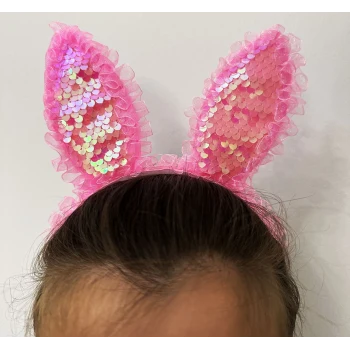 Kenarları Dantelli Pembe Pullu Payetli Led Işıklı Tavşan Kulak Taç 23x19 cm (5124)