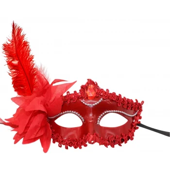 Kırmızı Mat Renk Yandan Tüylü Güllü Parti Balo Venedik Maskesi 16x22 (5124)