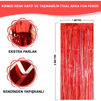 Kırmızı Renk Ekstra Metalize Parlak Saçaklı Arka Fon Perde İthal A Kalite 1x2 Metre (5124)