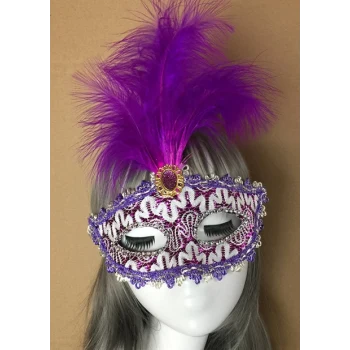 Mor Dantel İşlemeli Mor Tüylü Balo Parti Maskesi 17x20 cm (5124)