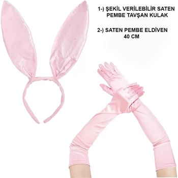Saten Kaplama Soft Pembe Eldiven 40 cm ve Tavşan Kulak 2 li Set (5124)