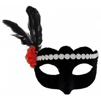 Siyah Renk Süet Kaplama Gümüş Dantelli Kırmızı Gül Tasarımlı Parti Maskesi 18x20 cm (5124)