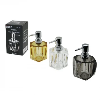 TOMBUL KARE - 4-KALPLİ GÖVDE  ŞEFFAF - RENKLİ   AKRİLİK - MİKA KRİSTAL  SIVI SABUNLUK  220ML (5124)