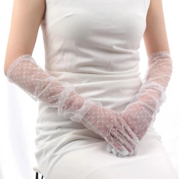 Uzun Boy Beyaz Puantiyeli Beyaz Renk Yetişkin Tül Eldiven 55 cm (5124)