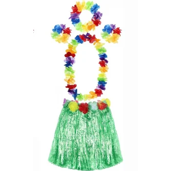 Yetişkin ve Çocuk Uyumlu Luau Aloha Hawaii Yeşil Etek ve Renkli Kolye Taç 2 Adet Bileklik Seti (5124)