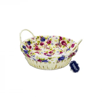 YUVARLAK RENKLİ BEZLİ HASIR EKMEK SEPETİ TABAN:18CM - AĞIZ:24CM - DERİNLİK:8CM (5124)