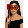 Lüks Taşlı Saplı Maskeli Balo Maskesi Kırmızı Renk 35 cm (5124)