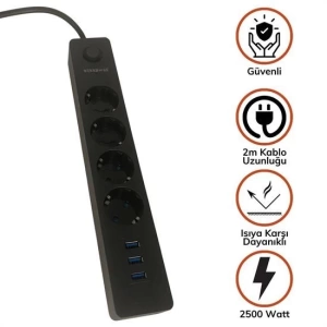 Termak Akım Korumalı 4 Priz 3 USB Girişli Uzatma Kablosu Güç ve Şarj SİYAH RENK GÖNDERİLİR (5124)