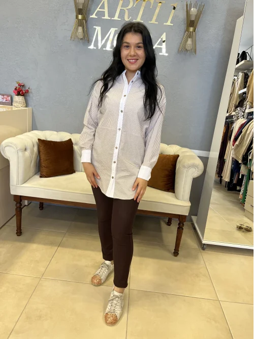 Look Kahve Çizgili Tunik Gömlek