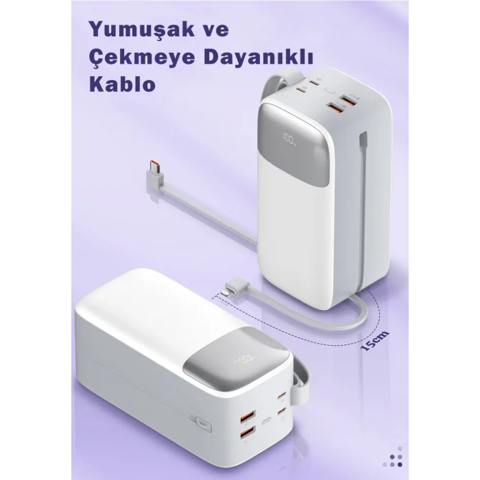 Sword 50000 Mah PD 22.5 W Hızlı Şarj Kendinden Kablolu Type-C & Lightning Powerbank Beyaz SW-50PO3
