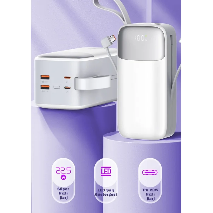 Sword 50000 Mah PD 22.5 W Hızlı Şarj Kendinden Kablolu Type-C & Lightning Powerbank Beyaz SW-50PO3