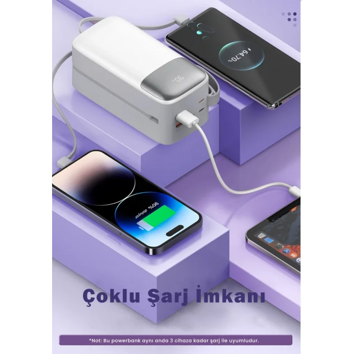 Sword 50000 Mah PD 22.5 W Hızlı Şarj Kendinden Kablolu Type-C & Lightning Powerbank Beyaz SW-50PO3