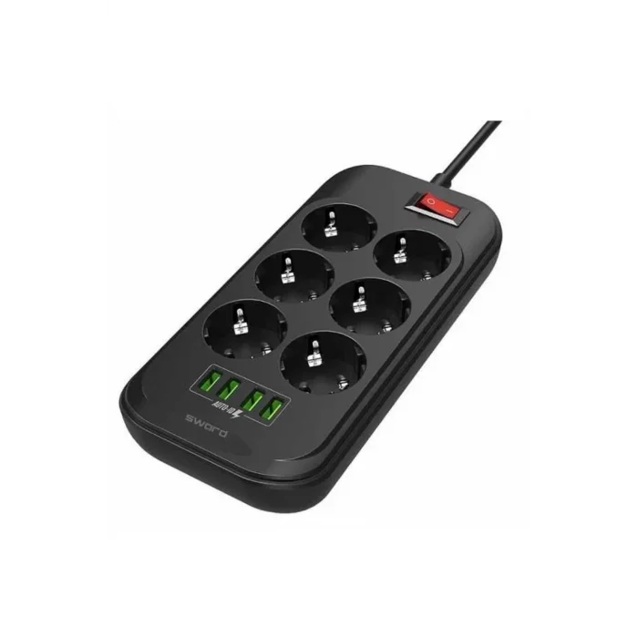 SWORD 6 Prizli + 4 Usb Girişli Uzatma ve Güç Kablosu 2 mt