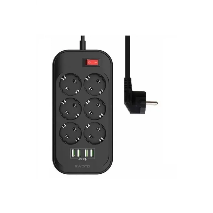 SWORD 6 Prizli + 4 Usb Girişli Uzatma ve Güç Kablosu 2 mt