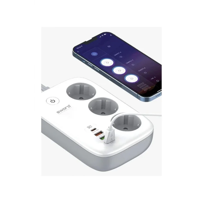 Sword Wi-Fi Akıllı Priz, 30W Type-C, Akım Korumalı, 3’lü Priz + 3 USB, Uzaktan Kontrol ve Zaman Ayarlı, 2metre SW-3PU1C