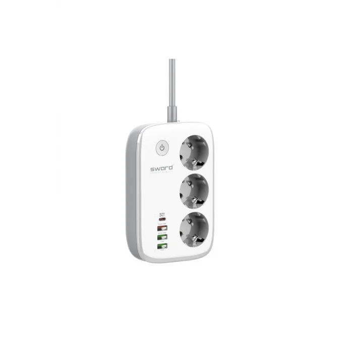 Sword Wi-Fi Akıllı Priz, 30W Type-C, Akım Korumalı, 3’lü Priz + 3 USB, Uzaktan Kontrol ve Zaman Ayarlı, 2metre SW-3PU1C