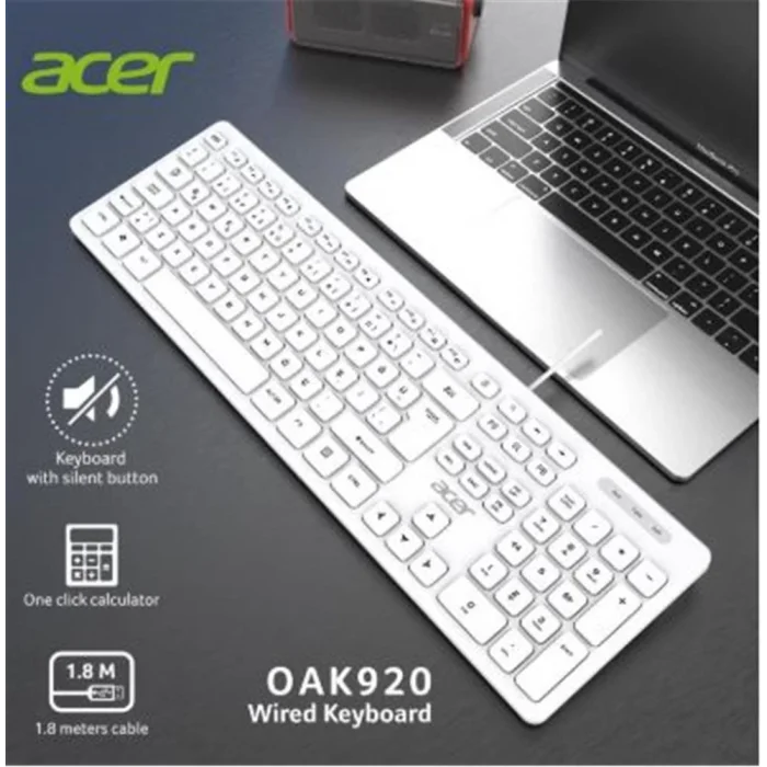 Acer OAK920 Q Usb Beyaz 1.8mt Kablolu Klavye-Tek Tuş Hesap Makinalı (Sessiz Tuş)
